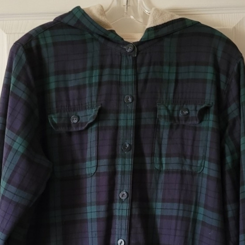 LL BEAN FLEECE LINED PLAID FLANNEL HOODIE SHACKET WOMEN'S SIZE  LARGE - Picture 5 of 16